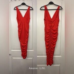 Amazon Red Ruched V-Neck Maxi Dress